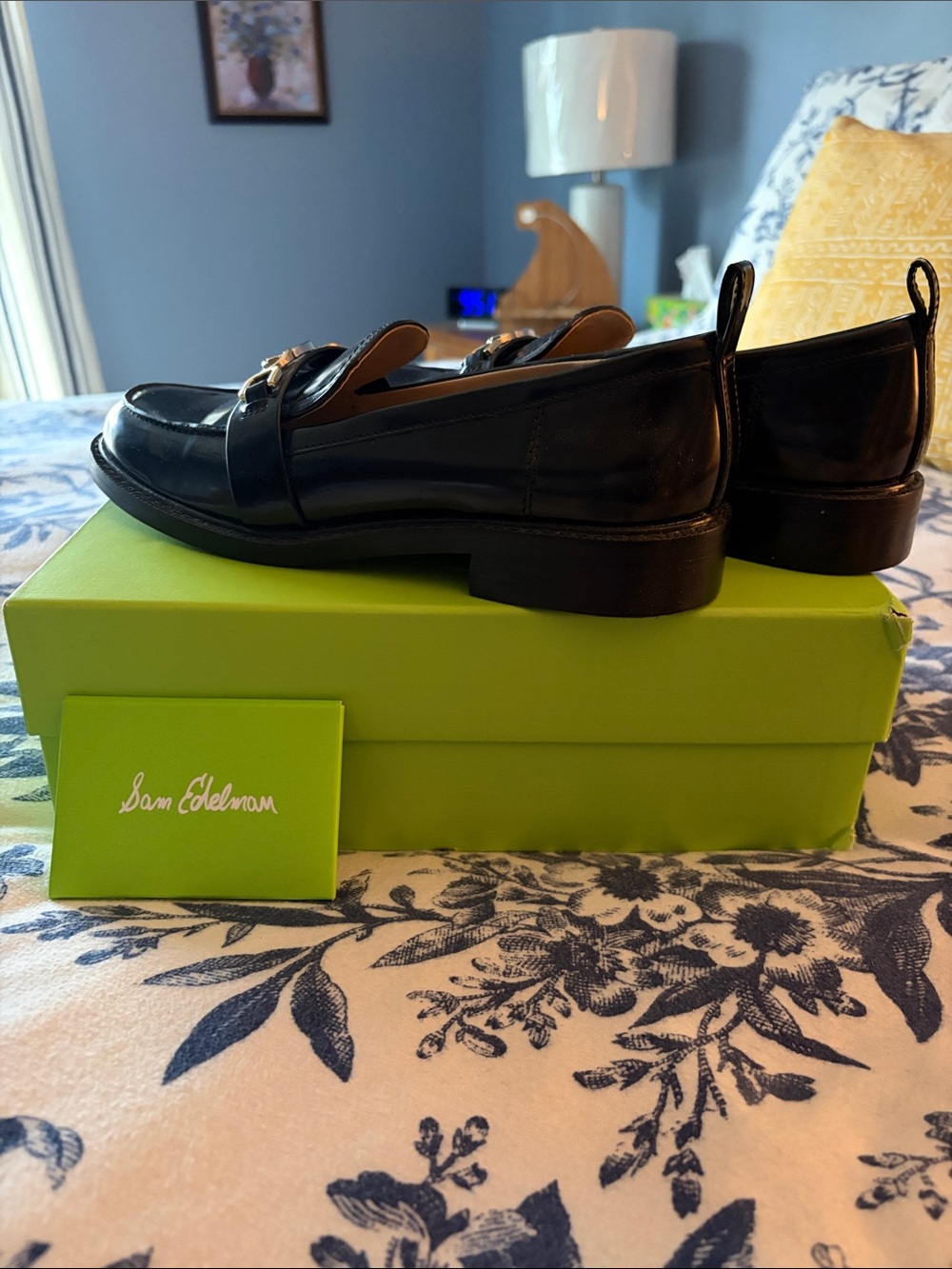 Sam Edelman Black Patent Leather Penny Loafers with Gold Bit